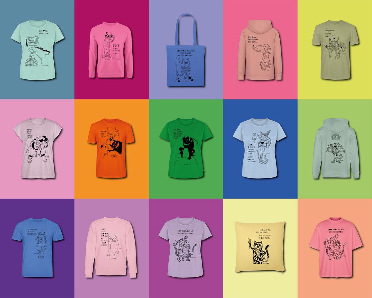 Collage aus fünfzehn Shirts, Hoodies, einem Beutel und einem Kissen mit Illustrationen und Sprüchen von EMTI auf bunten Farbflächen