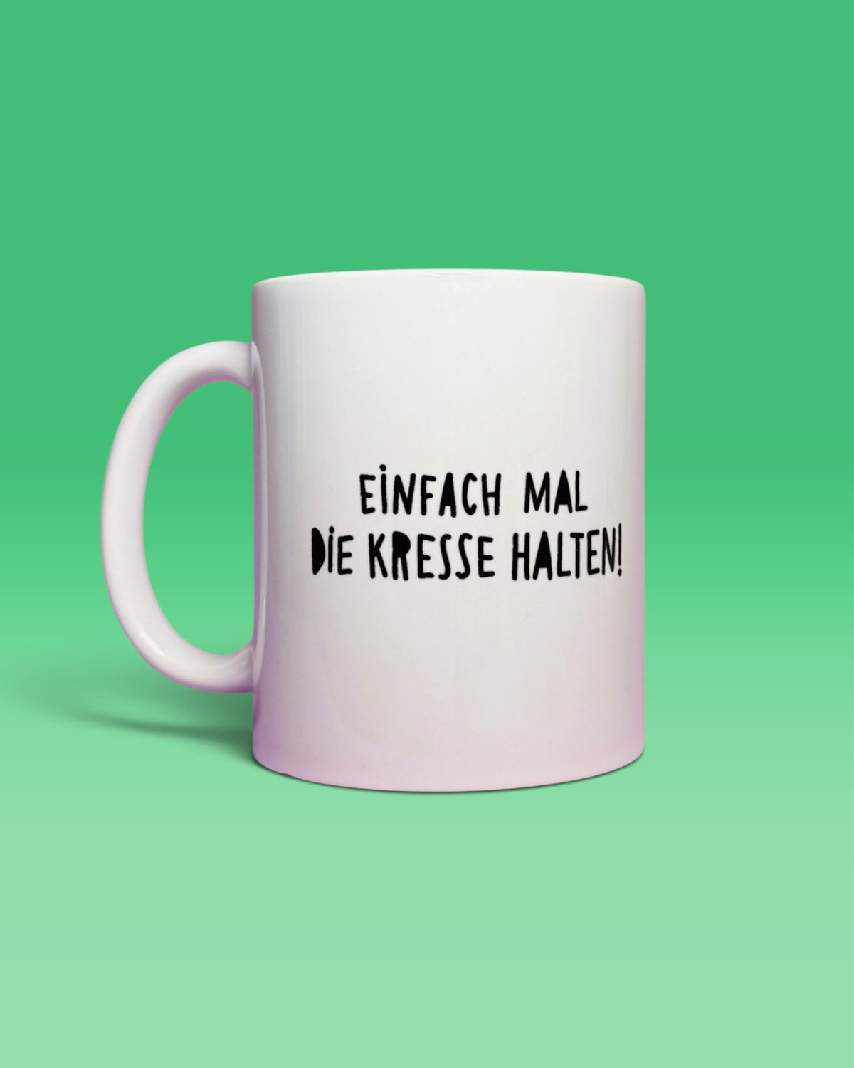 Rückseite der Tasse mit dem Schriftzug „Einfach mal die Kresse halten!“