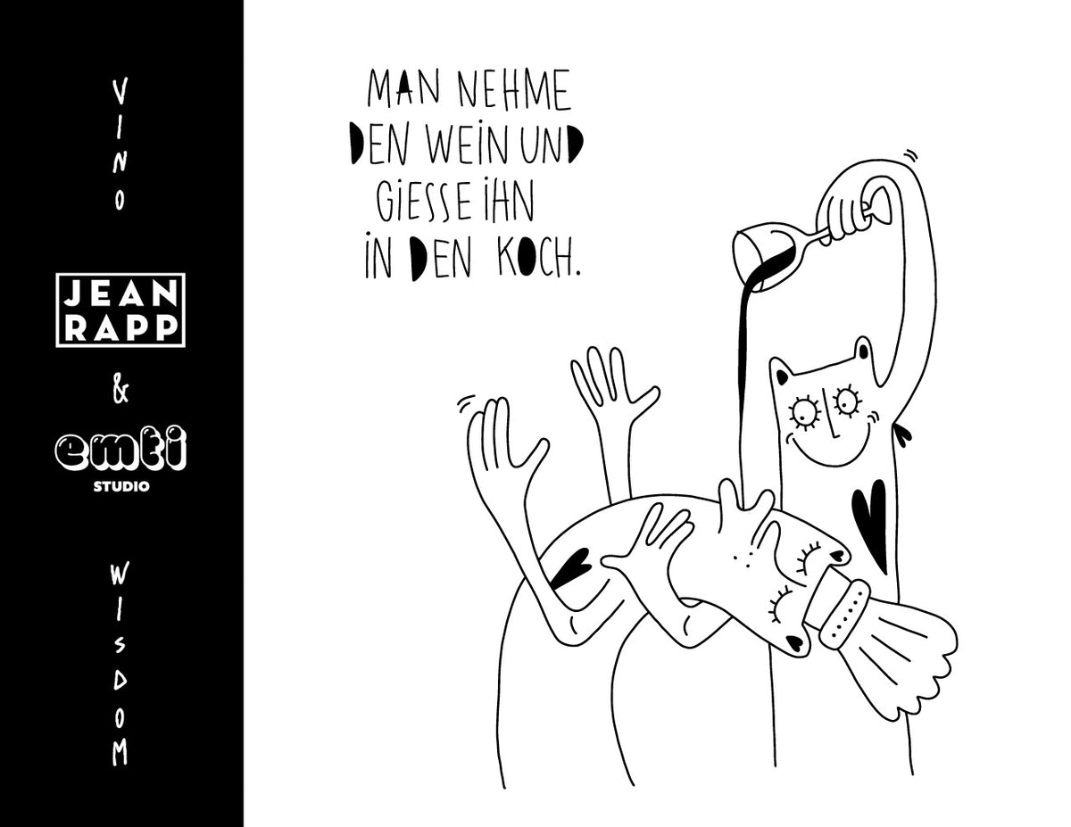 Weinetikett „Vino Wisdom“ von Jean Rapp und EMTI, schwarz-weiße Zeichnung: eine Figur gießt einer zweiten, die in ihrem Arm liegt, Wein in den Mund, dazu „Man nehme den Wein und gieße ihn in den Koch.“