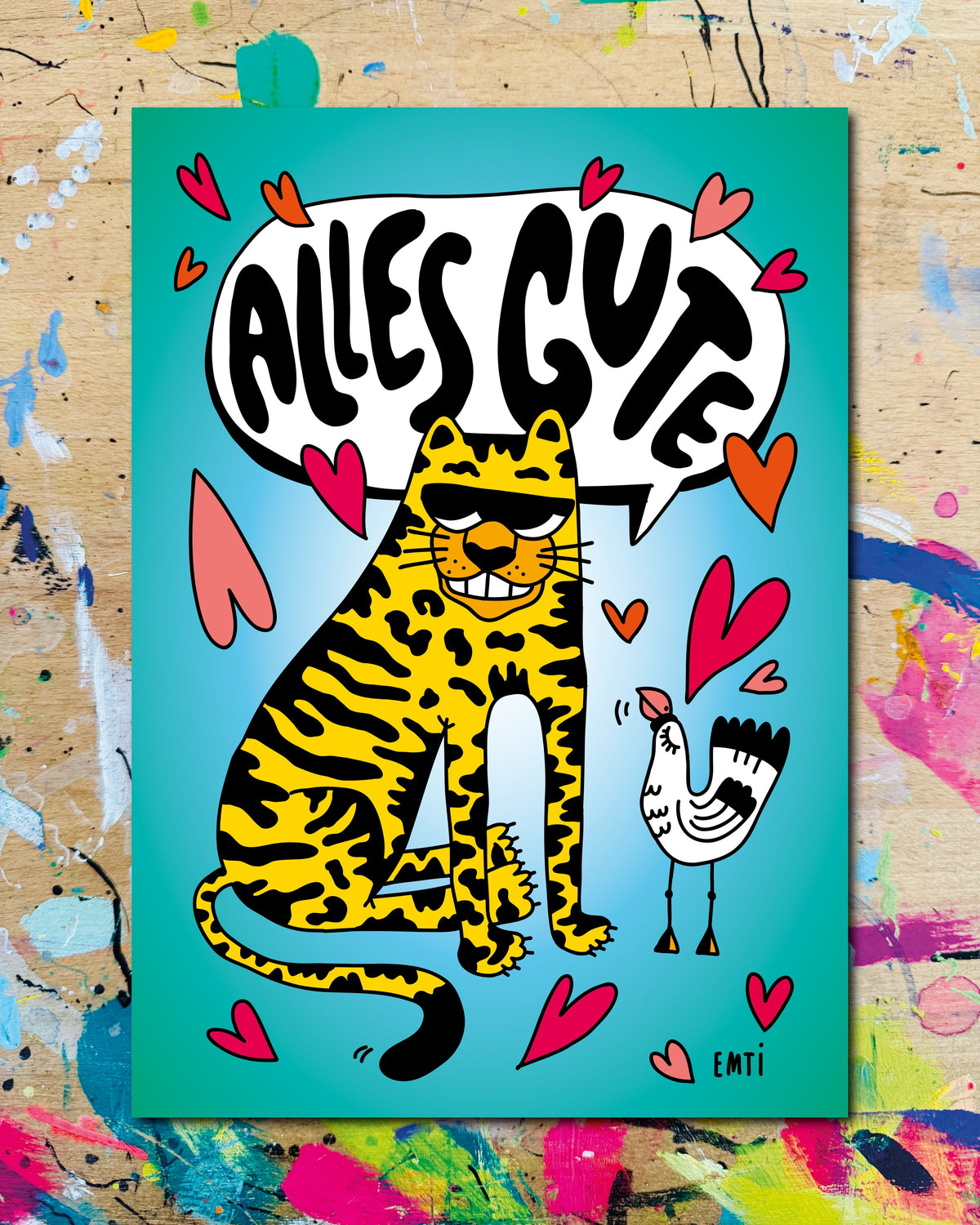 Postkarte: ein Tiger mit Sonnenbrille neben einem kleinen Vogel und Herzen, darüber der Schriftzug „Alles Gute“