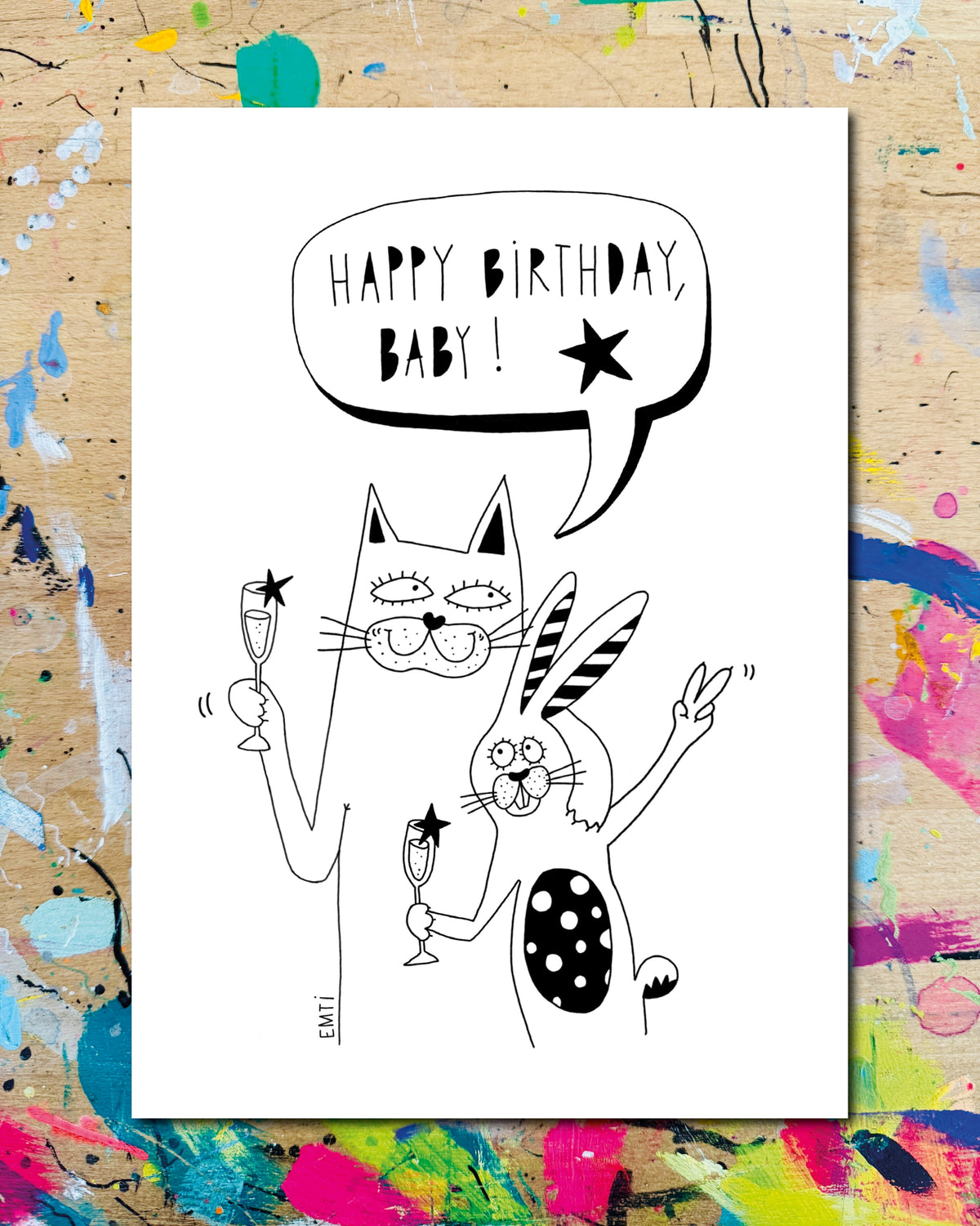 Postkarte: eine Katze und ein Hase stossen mit Sektgläsern an, dazu der Schriftzug „Happy birthday, Baby!“