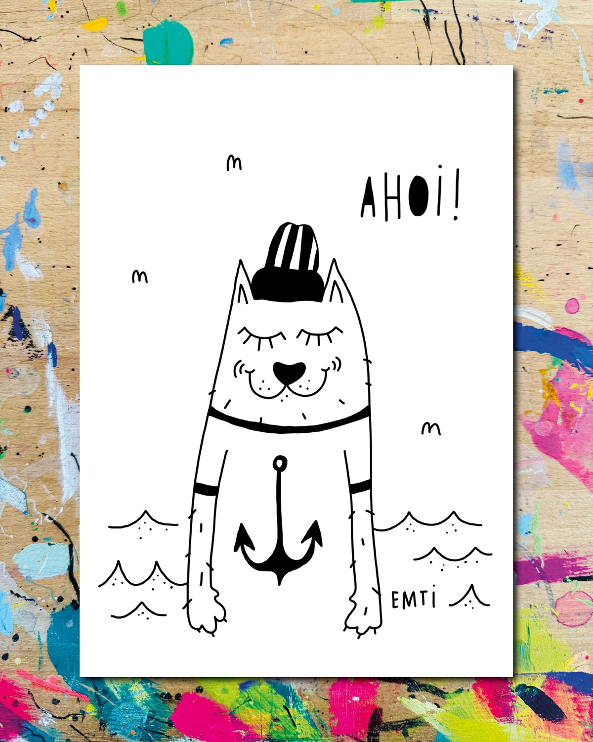 Postkarte: eine Katze mit Mütze und Anker auf dem Shirt im Wasser, dazu der Schriftzug „Ahoi!“