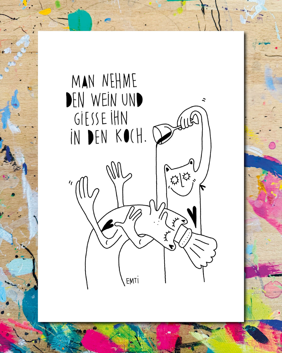 Postkarte: eine Figur giesst Wein über eine zweite Figur, dazu der Schriftzug „Man nehme den Wein und giesse ihn in den Koch.“