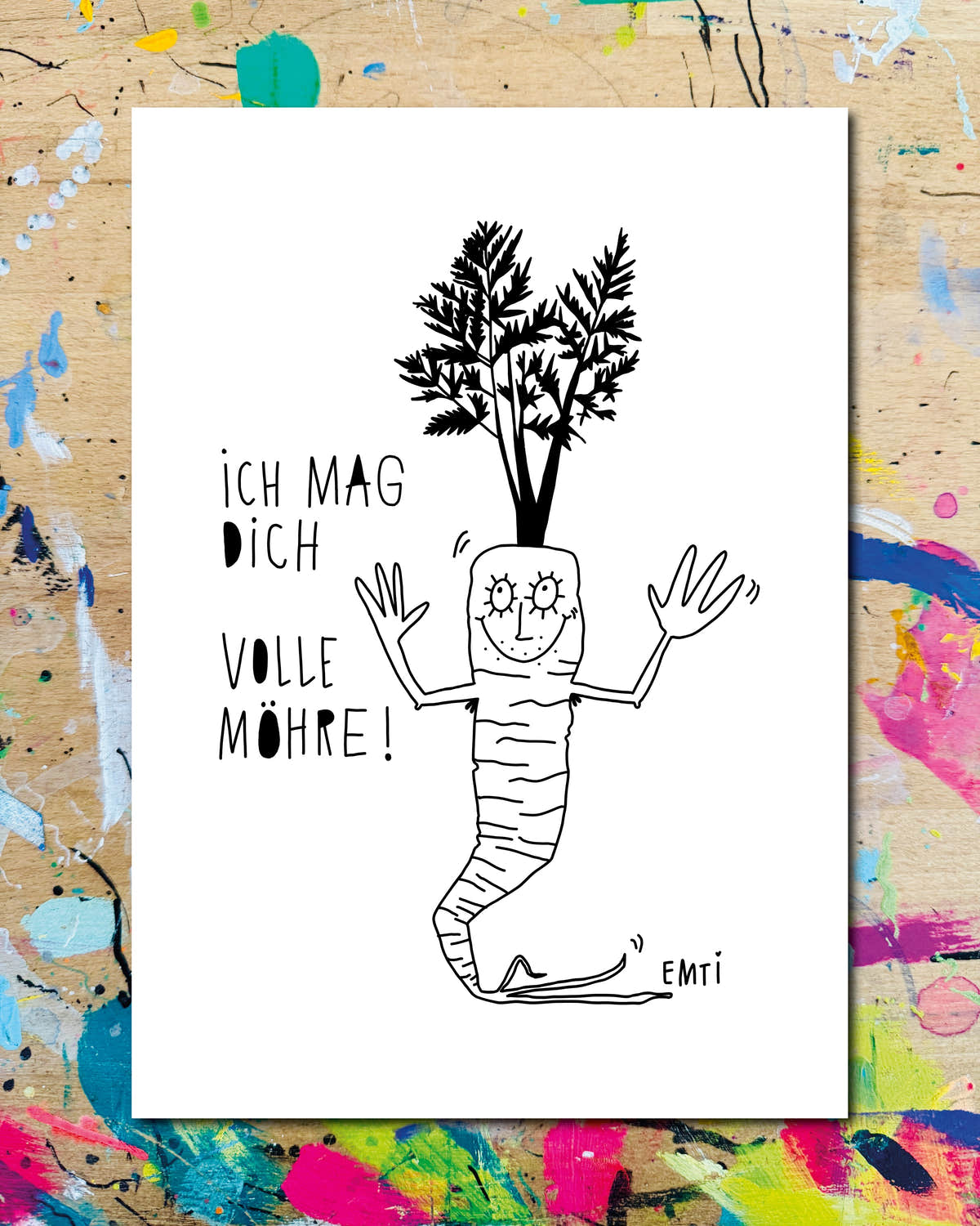 Postkarte: eine Möhre mit Gesicht und erhobenen Armen, dazu der Schriftzug „Ich mag dich volle Möhre!“