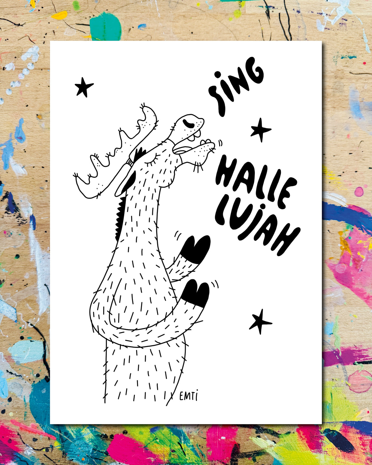 Postkarte: ein Elch singt mit erhobenem Kopf zwischen Sternen, dazu der Schriftzug „Sing Hallelujah“