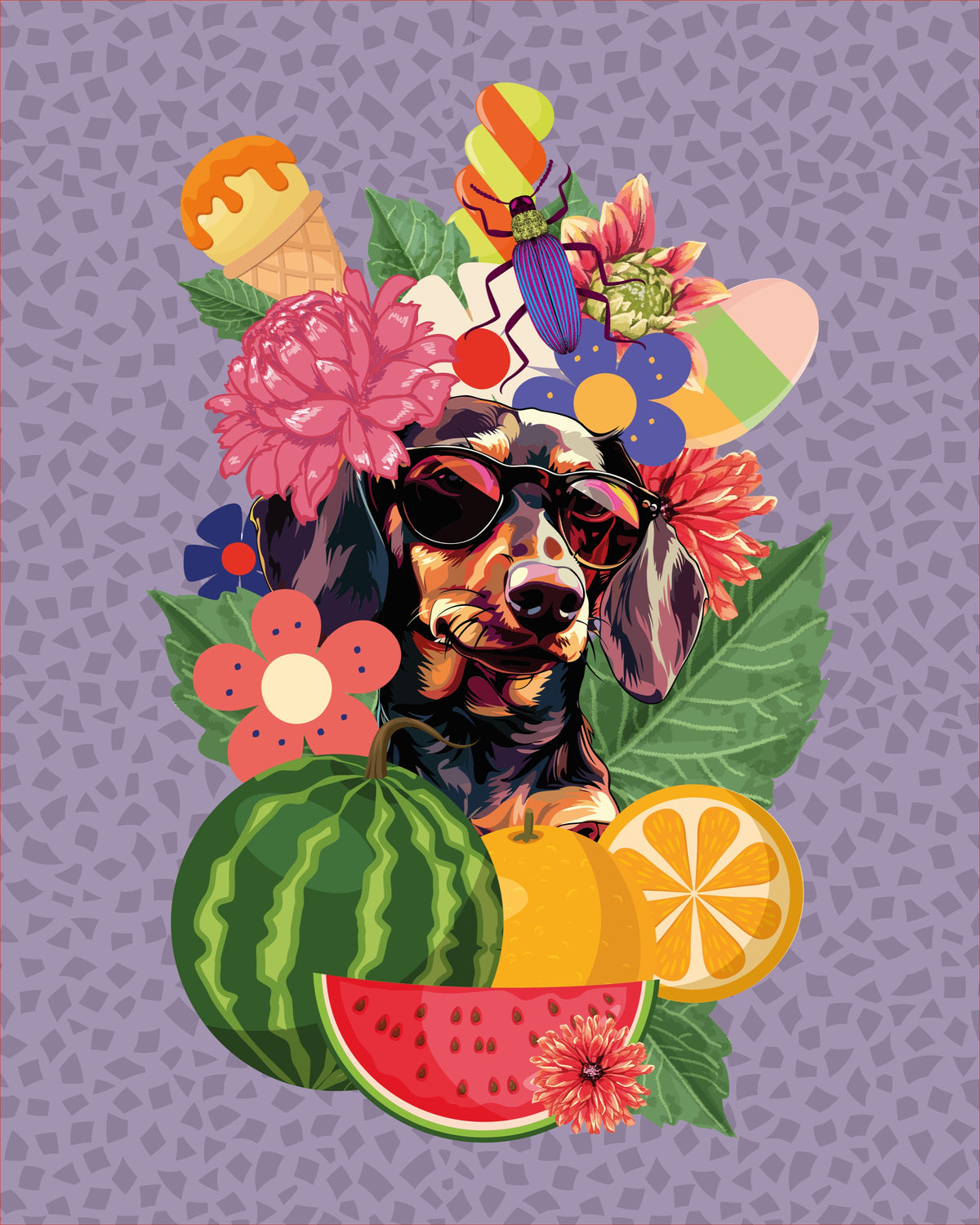 Illustration eines Dackels mit Sonnenbrille zwischen Blumen, Eis, Wassermelone und Orangen auf lila Grund