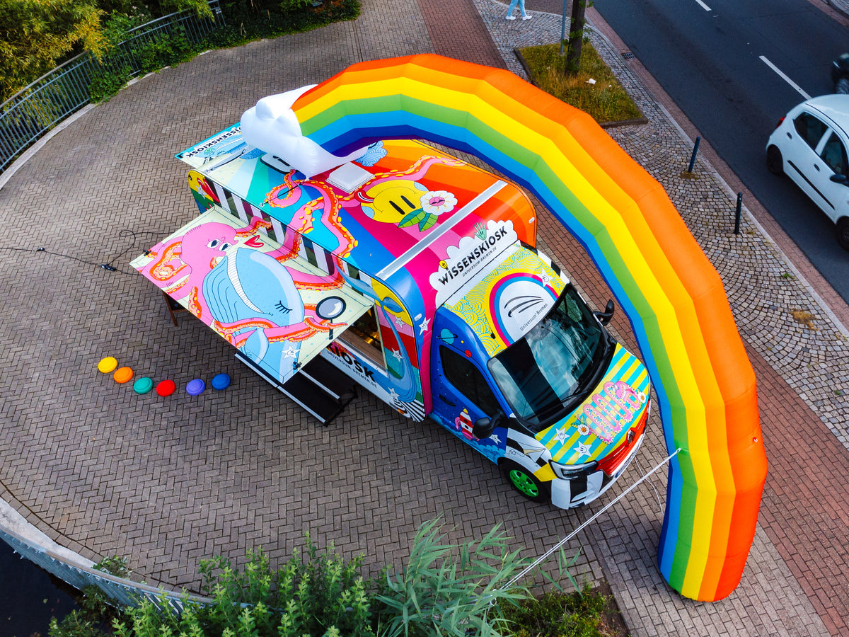 Vogelperspektive auf den Wissenskiosk: bunt folierter Transporter mit angehängtem Kiosk-Anhänger unter dem aufblasbaren Regenbogen
